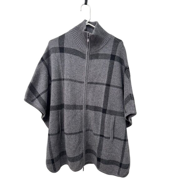 Cape Poncho Layer Forté Cashmere Womens Gray & Black Plaid OS EUC - Picture 1 of 6